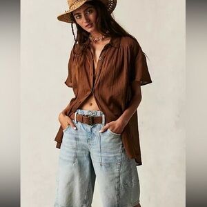 Free People Brown Button-Up Shirt
